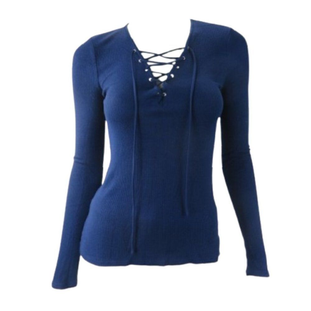 EXPRESS Women's Navy Blue V-Neck Long Sleeves Lace Up Henley Top Size XS